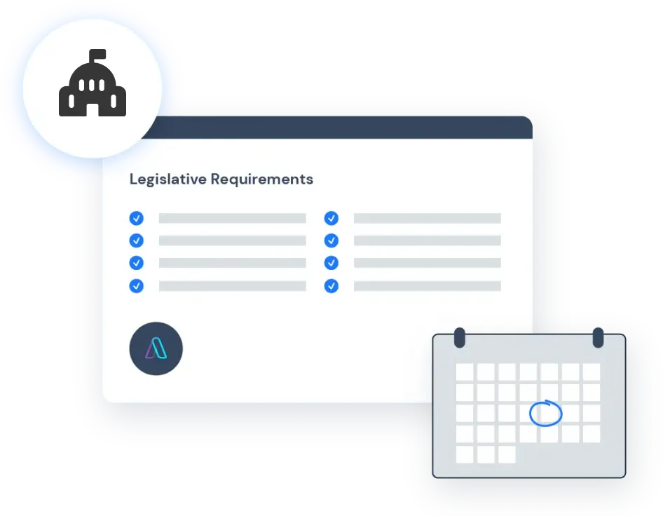 Checklist labeled Legislative Requirements with blue check marks and a calendar with a date circled in blue.