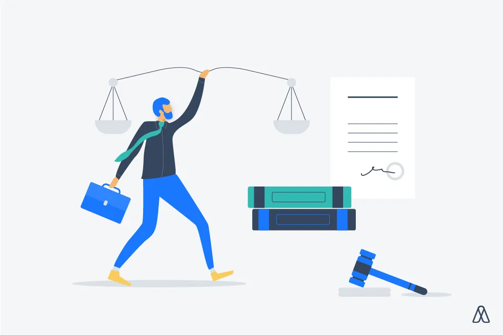 Illustration of a person holding scales of justice with one hand and a briefcase in the other, with legal books, a signed document, and a judge's gavel nearby.