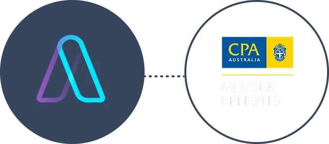 Graphic showing connection between a stylized purple and blue A logo and the CPA Australia logo with the text 'Member Benefits'.