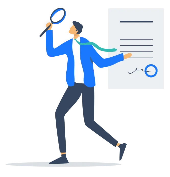 Illustration of a person in a blue jacket holding a magnifying glass and a signed document.