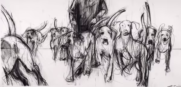  Walking the Hounds (charcoal on fine art paper, approximately 63.5 x 119 cm unframed) 