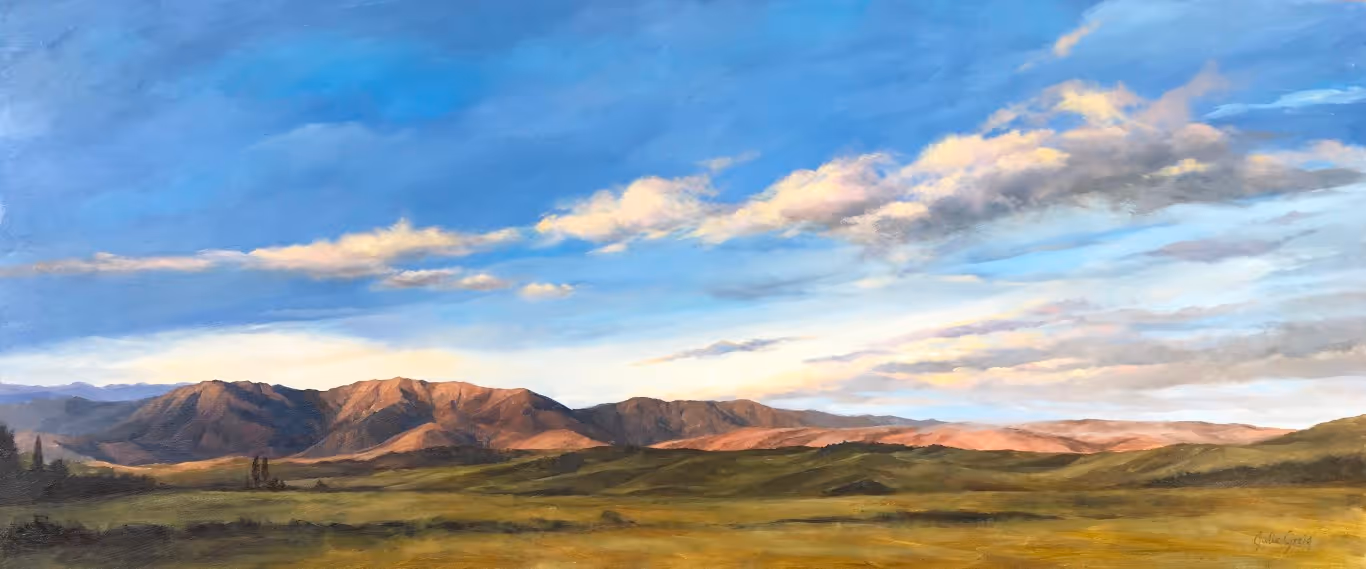 Dusk Settles, Maniototo (oil on board. 1220 x 500 mm framed)