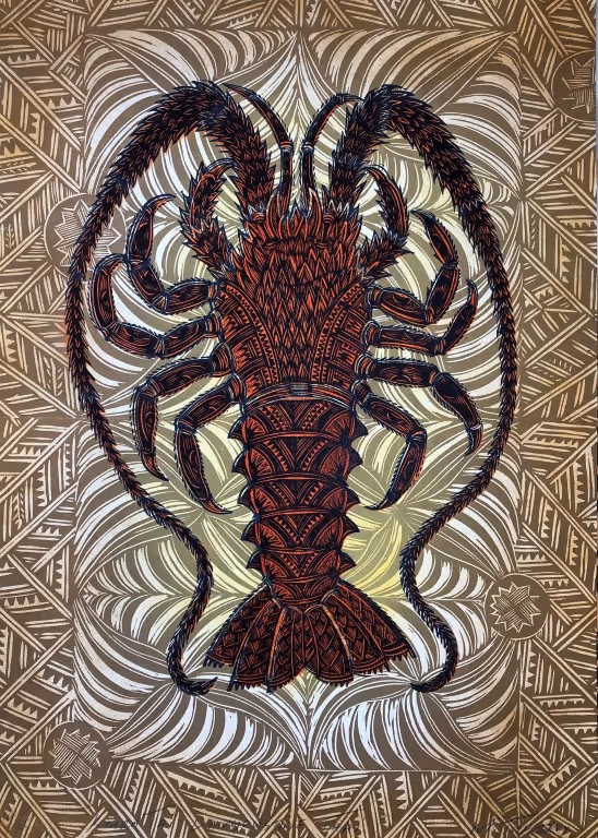 Koure Tai Langoustine Tahi (ed 4/25) embossed, hand-coloured woodcut 500 x 700 mm uf