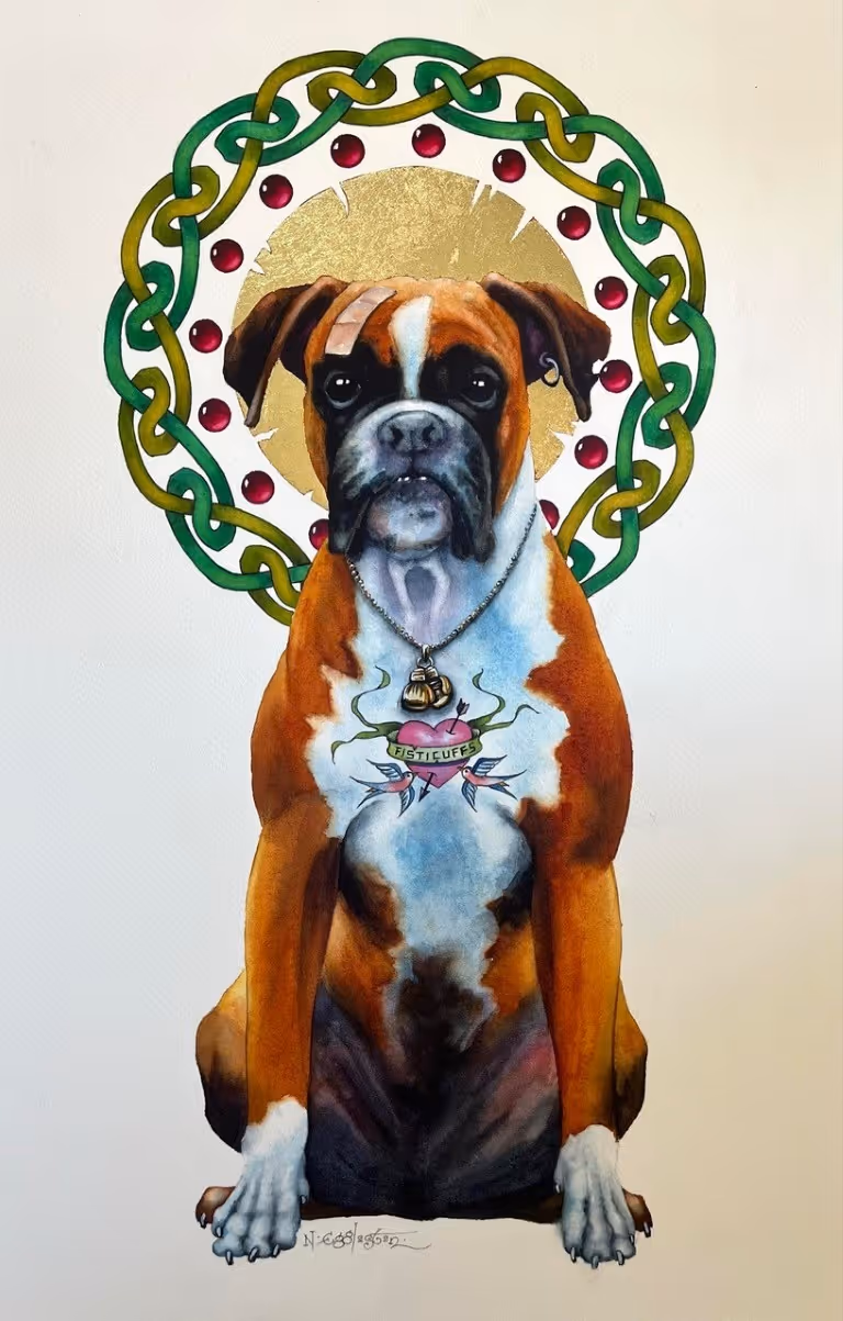 'Saint Sebastian' … watercolour and gold leaf. 350mm x 530mm. patron saint of athletes and pugilists (boxers). Feast day is January 20th.