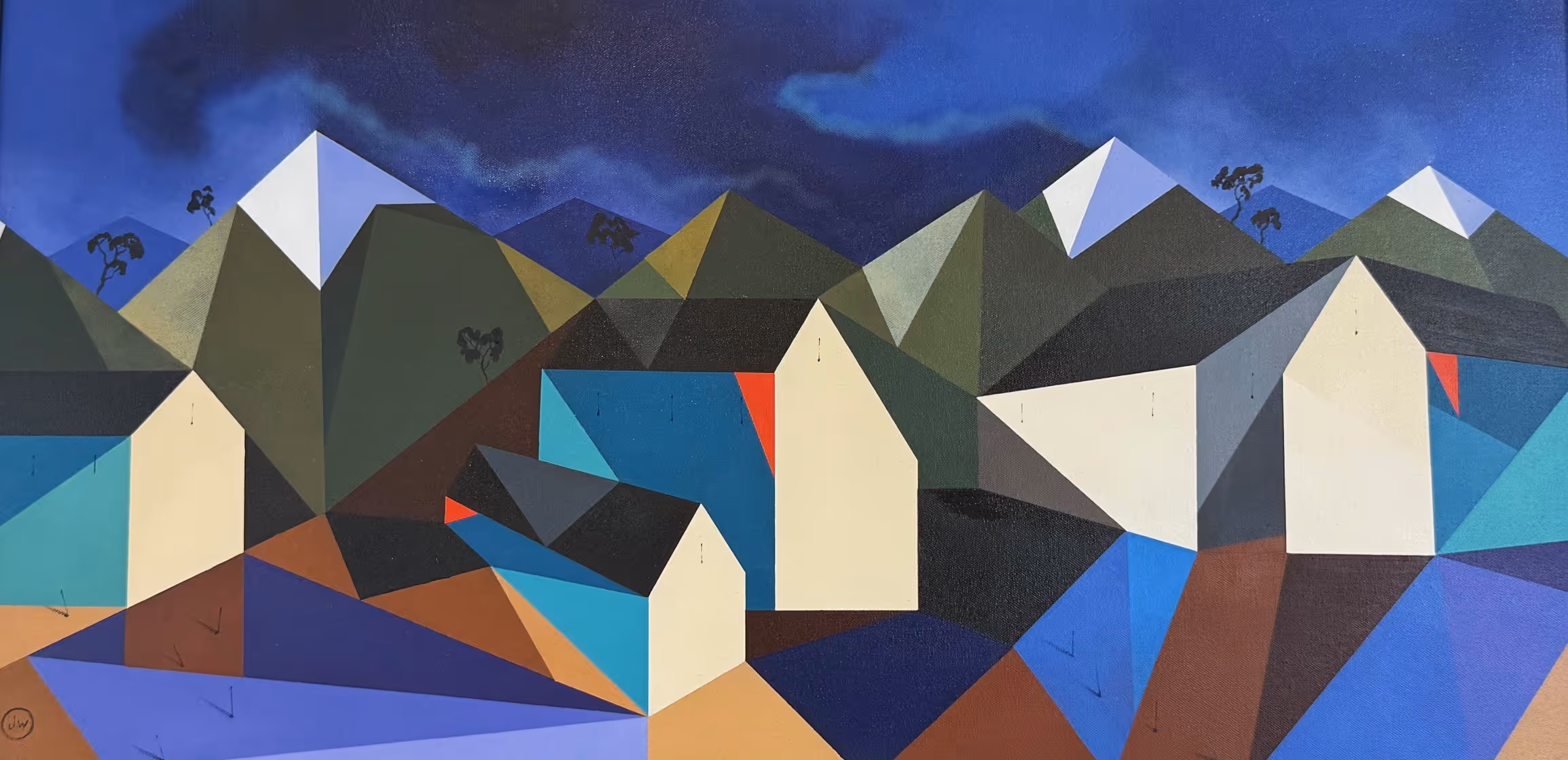 'Cubist Ice-capped Mountains" oil on canvas, 540 x 780mm framed