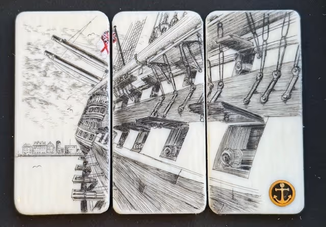 HMS Victory (scrimshaw on 100 year old piano keys) 17 x 17 cm framed 