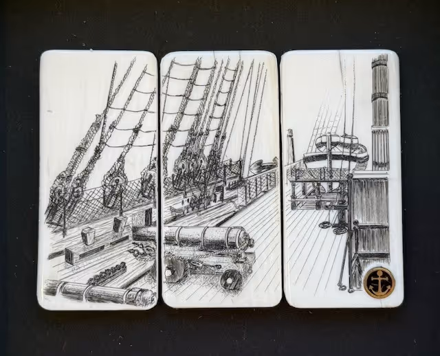 HMS Victory (scrimshaw on 100 year old piano keys) 17 x 17 cm framed 