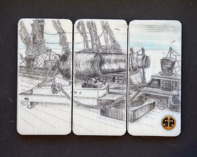 HMS Victory (scrimshaw on 100 year old piano keys) 17 x 17 cm framed 