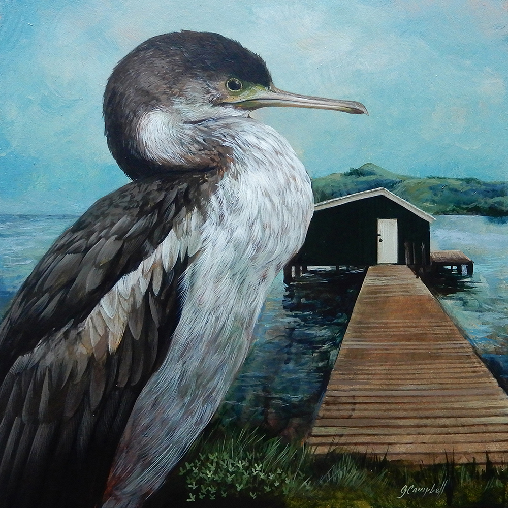 'Boat Shed" acrylic on aluminium 300 x 300 plus frame 