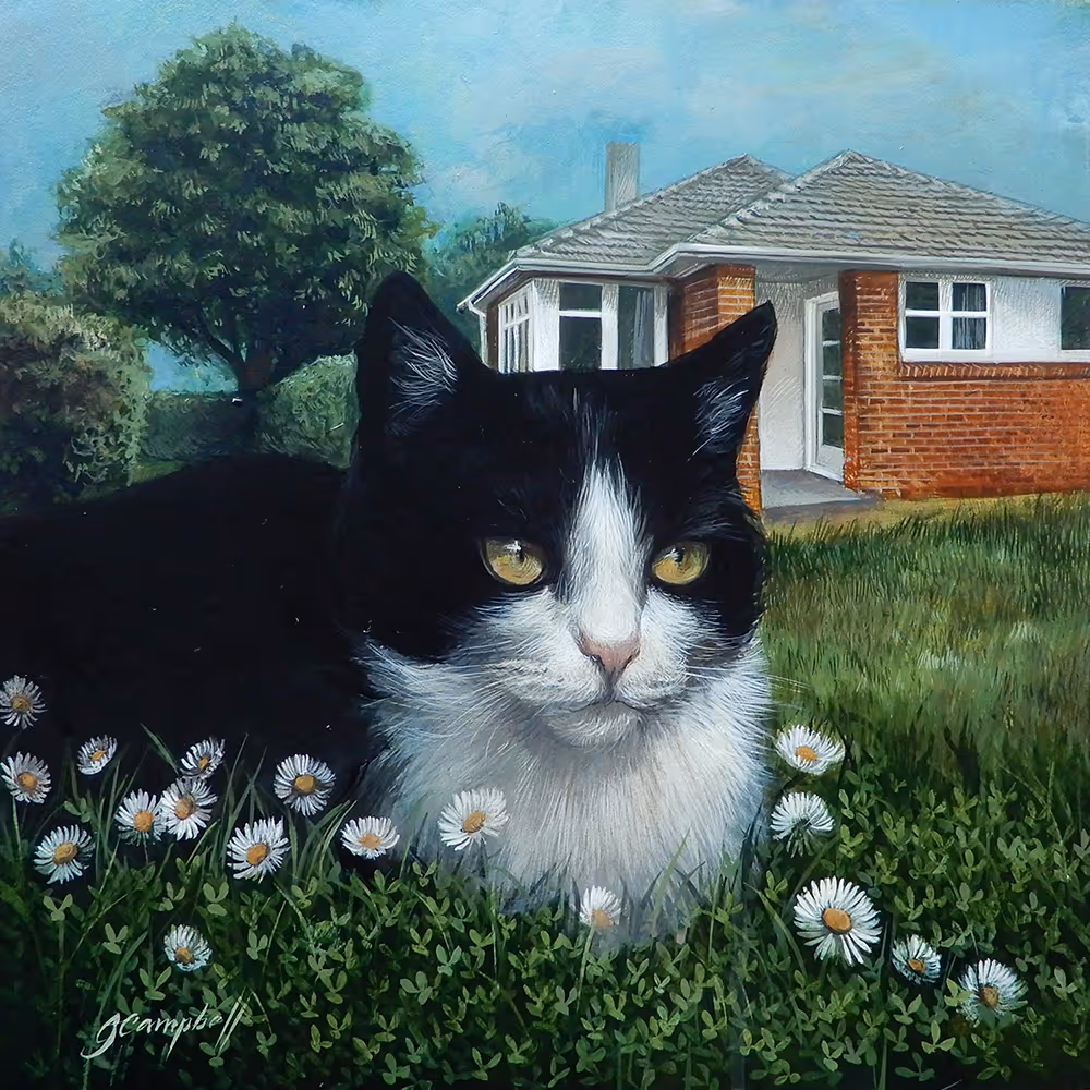 'Neighbourhood Cat' acrylic on aluminium, 300 x 300mm plus frame 