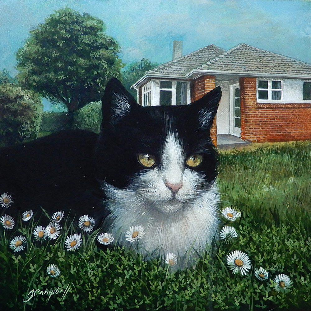 'Neighbourhood Cat' acrylic on aluminium, 300 x 300mm plus frame 
