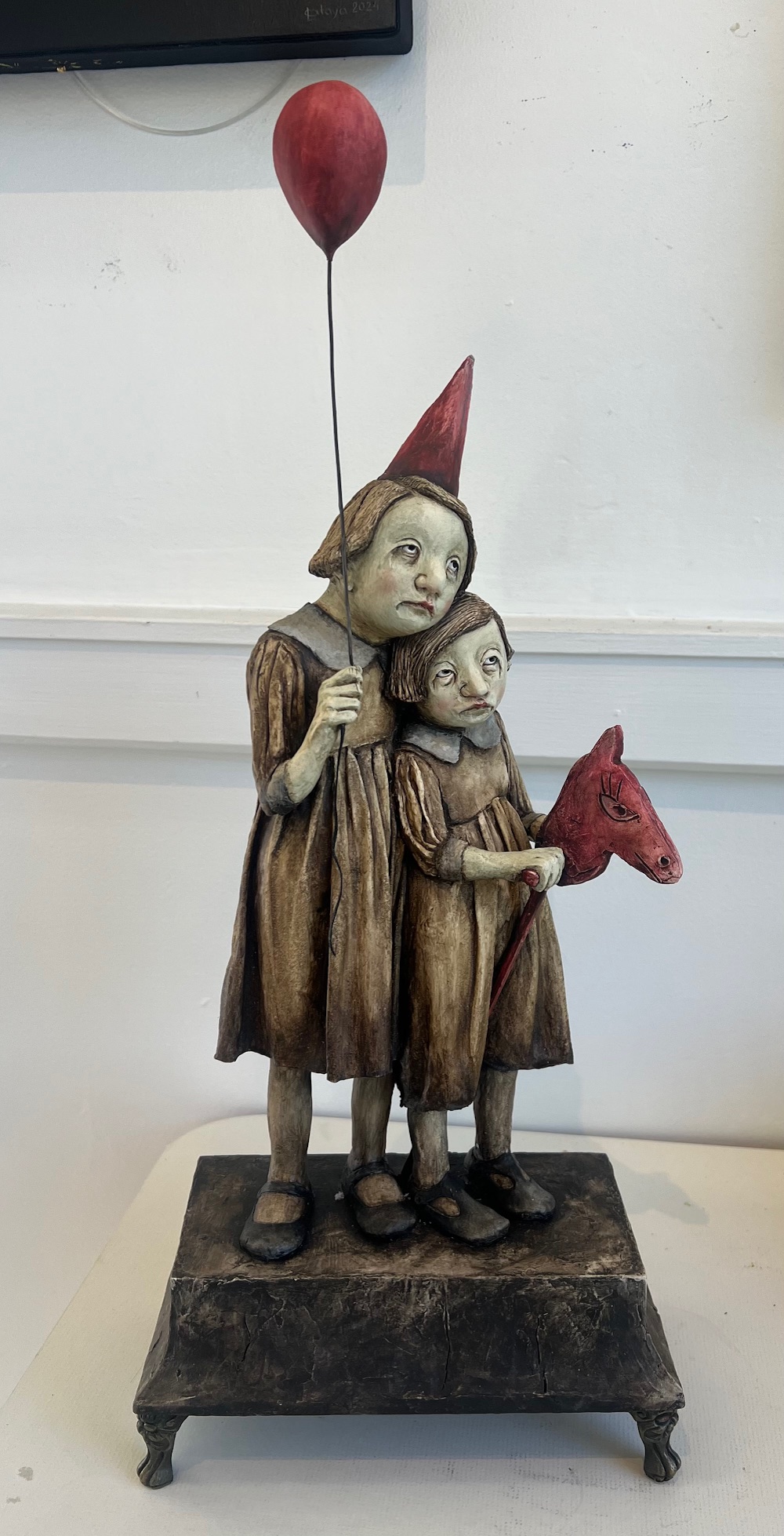 "Pondering Skulduggery'  mixed media hand-built sculpture 540 x 240 x 220mm 
