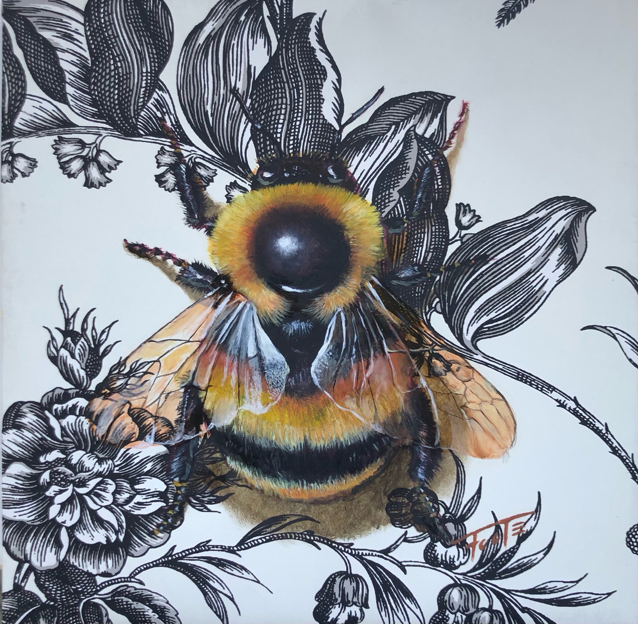 'ornate insect - bee' - acrylic on wallpaper 250 x 250 mm 