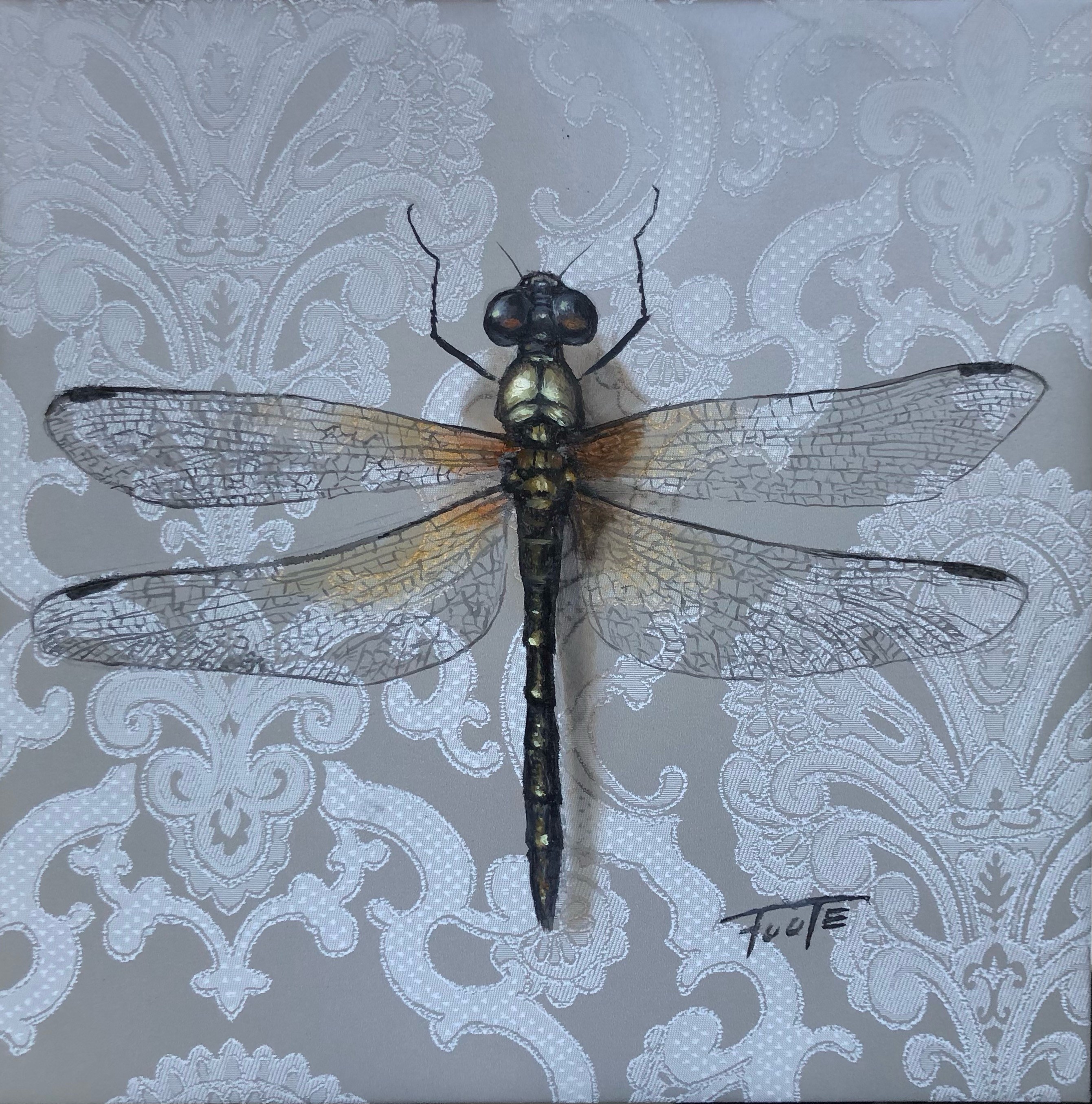 'ornate insect - dragonfly' acrylic on wallpaper, 250 x 250mm uf 
