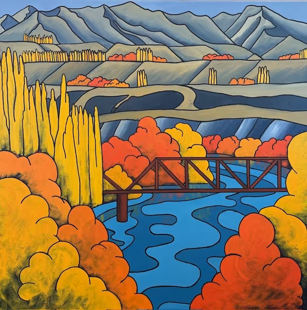'Red Bridge at Luggate' acrylic on canvas 765 x 765mm 