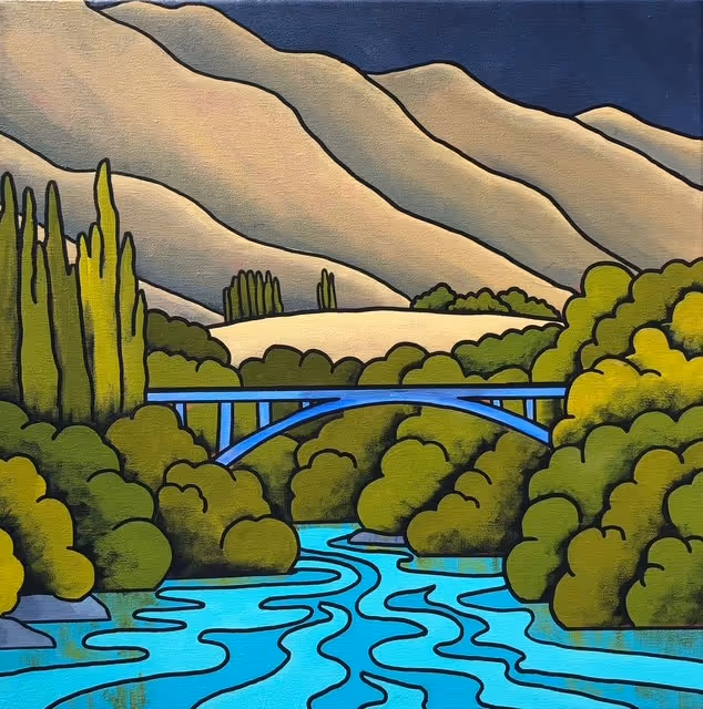 'Bridge at Roxburgh' acrylic on canvas, 510 x 510 mm