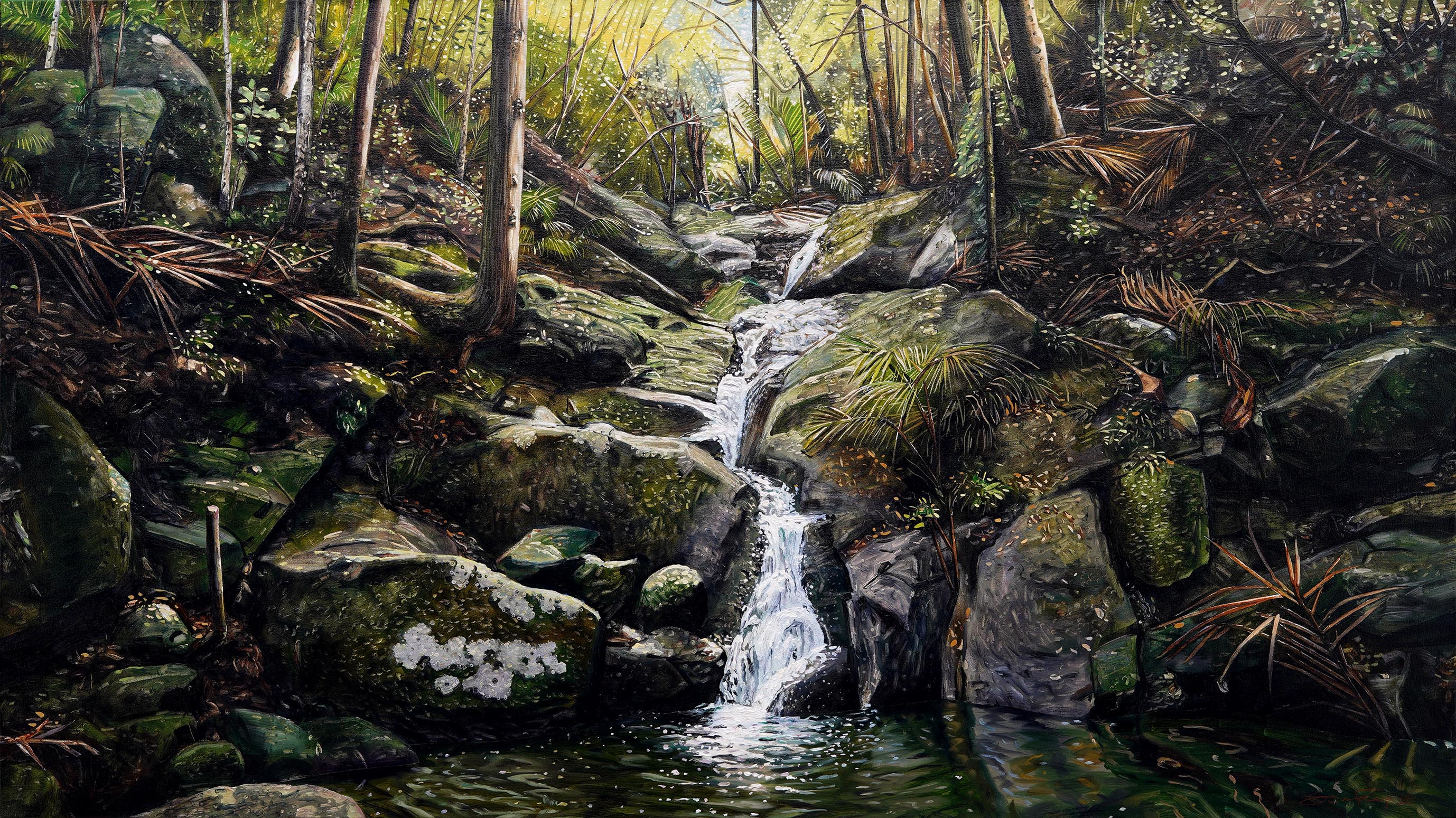 Top Waterfall, The Cascades, Whakanewha  (oil on canvas 176 x 101 cm framed) 