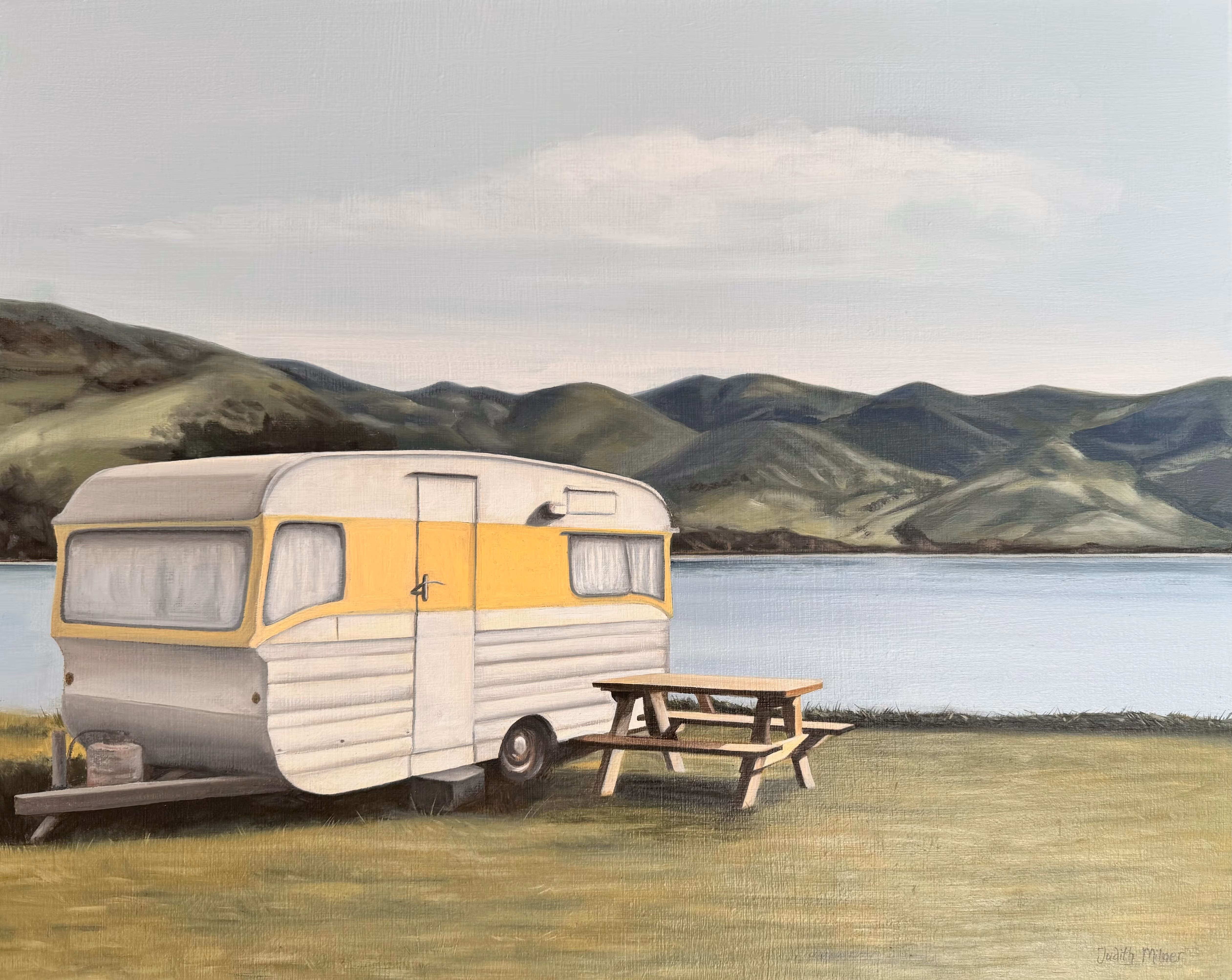 The End of the Road", oil on canvas, 530 x 430 mm framed in a white tray frame.