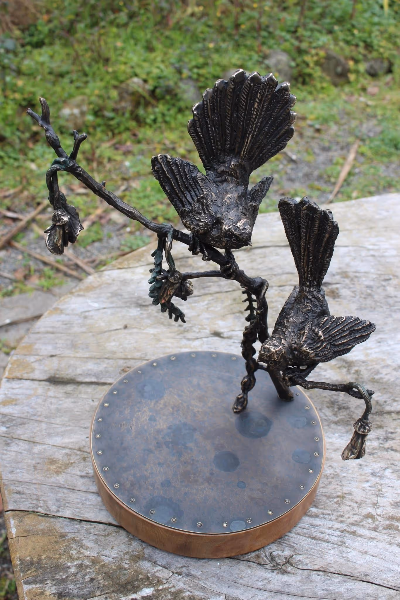 Matt Gauldie "Piwakawaka on Kowhai' bronze on brass & rimu 1/1 (300 x 360 x 220mm)