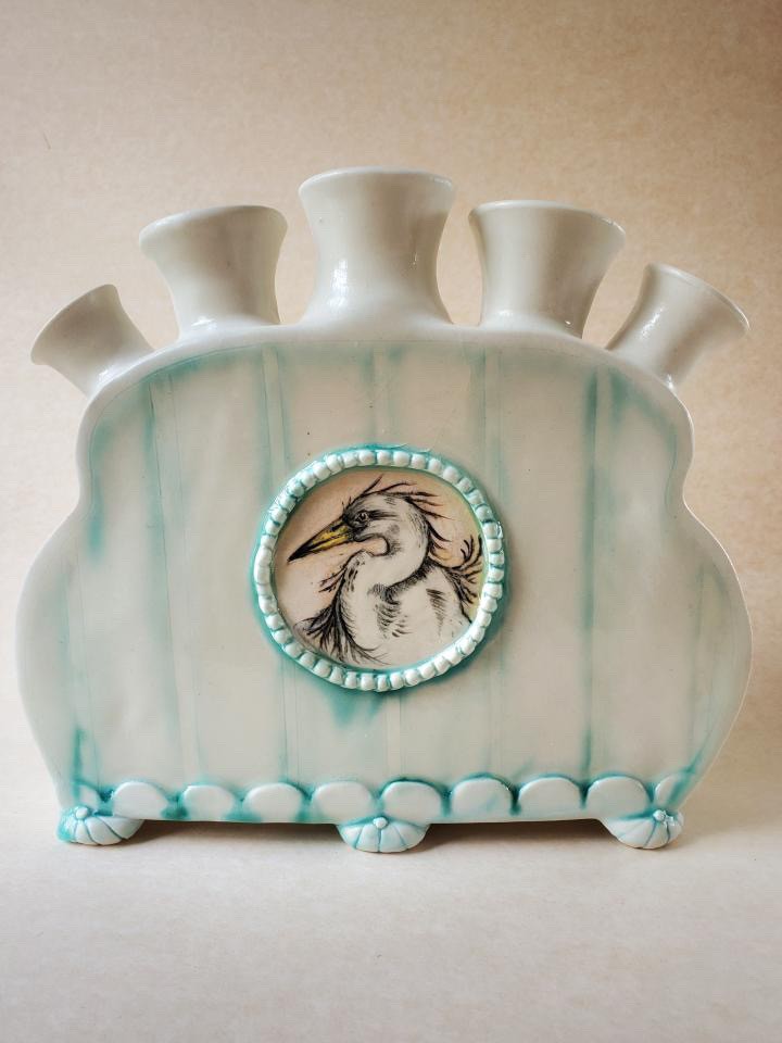 Kotuku (white heron) on a Tulipiere (255mm × 280mm × 50mm) ceramic 