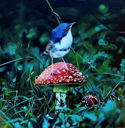 "Bluebird' acrylic on canvas, 300 x 300mm plus tray frame (part of triptych) 