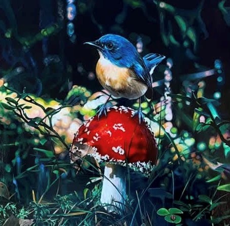 'Bluebird II' acrylic on canvas, 300 x 300mm plus tray frame (part of triptych) 