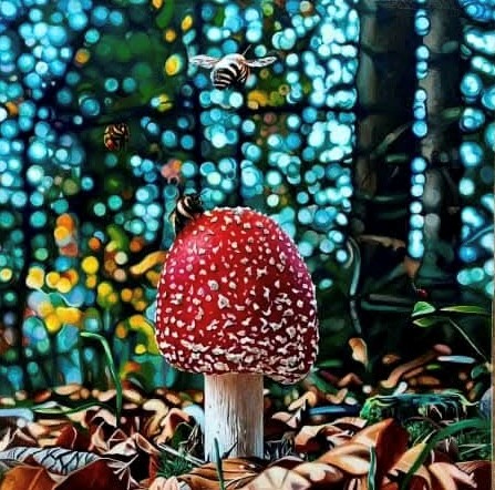 'The Bees' acrylic on canvas, 300 x 300mm plus tray frame (part of triptych) 
