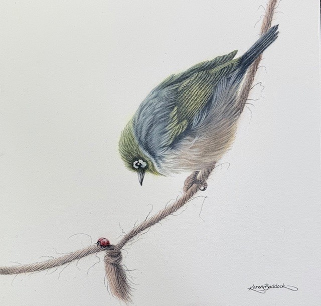 ‘New Arrival” oil on panel (white ornate frame) approx. 330 x 330 mm framed