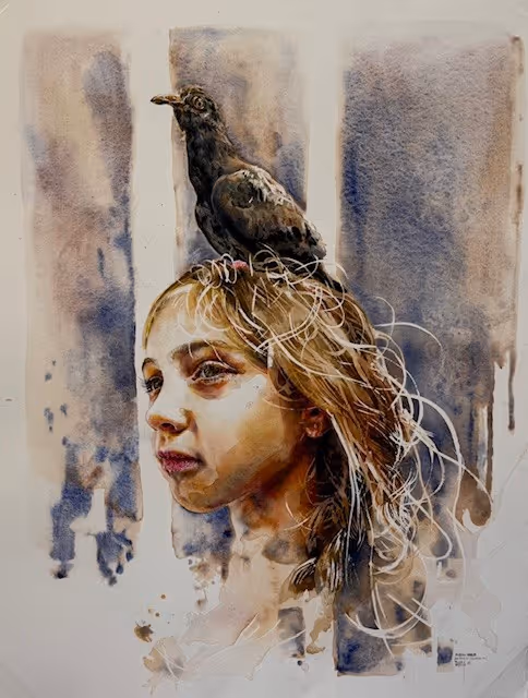 Tyler Kennedy Stent – “Pigeon Held (Politics of Inevitability)’ Watercolour of fine art paper 495 x 645 mm UNFRAMED