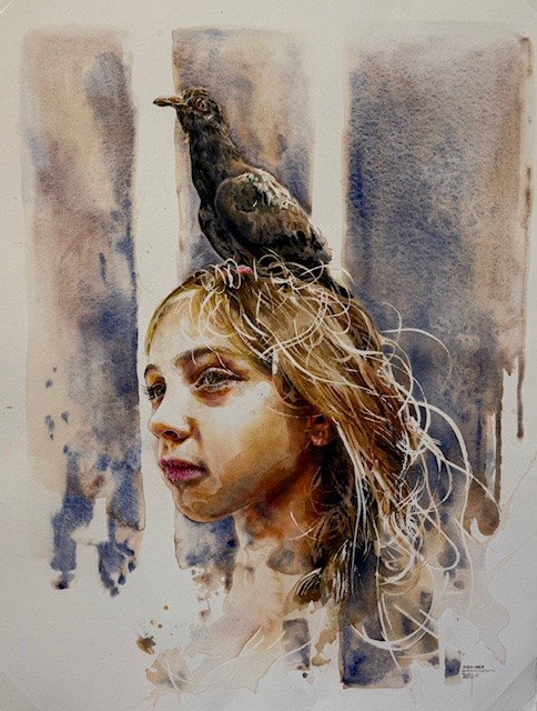 Tyler Kennedy Stent – “Pigeon Held (Politics of Inevitability)’ Watercolour of fine art paper 495 x 645 mm UNFRAMED