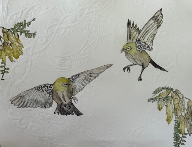 "Nga manu e Rua"   ink etching on hand-embossed fine art paper edition of 5 only  440 x 550 mm unframed. 