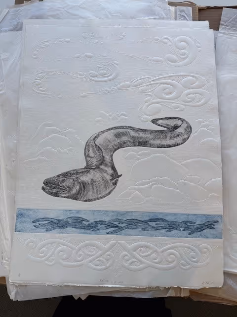"Kaitiaki o te Awa'  (limited edition of 20) - etching on hand-embossed fine art paper  395 x 645mm unframed 