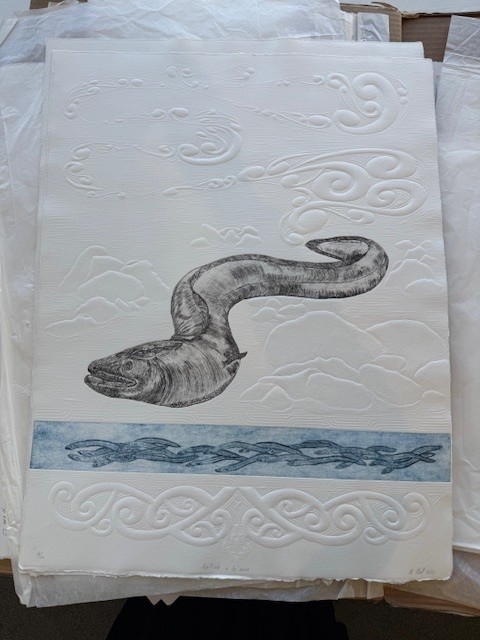 "Kaitiaki o te Awa'  (limited edition of 20) - etching on hand-embossed fine art paper  395 x 645mm unframed 