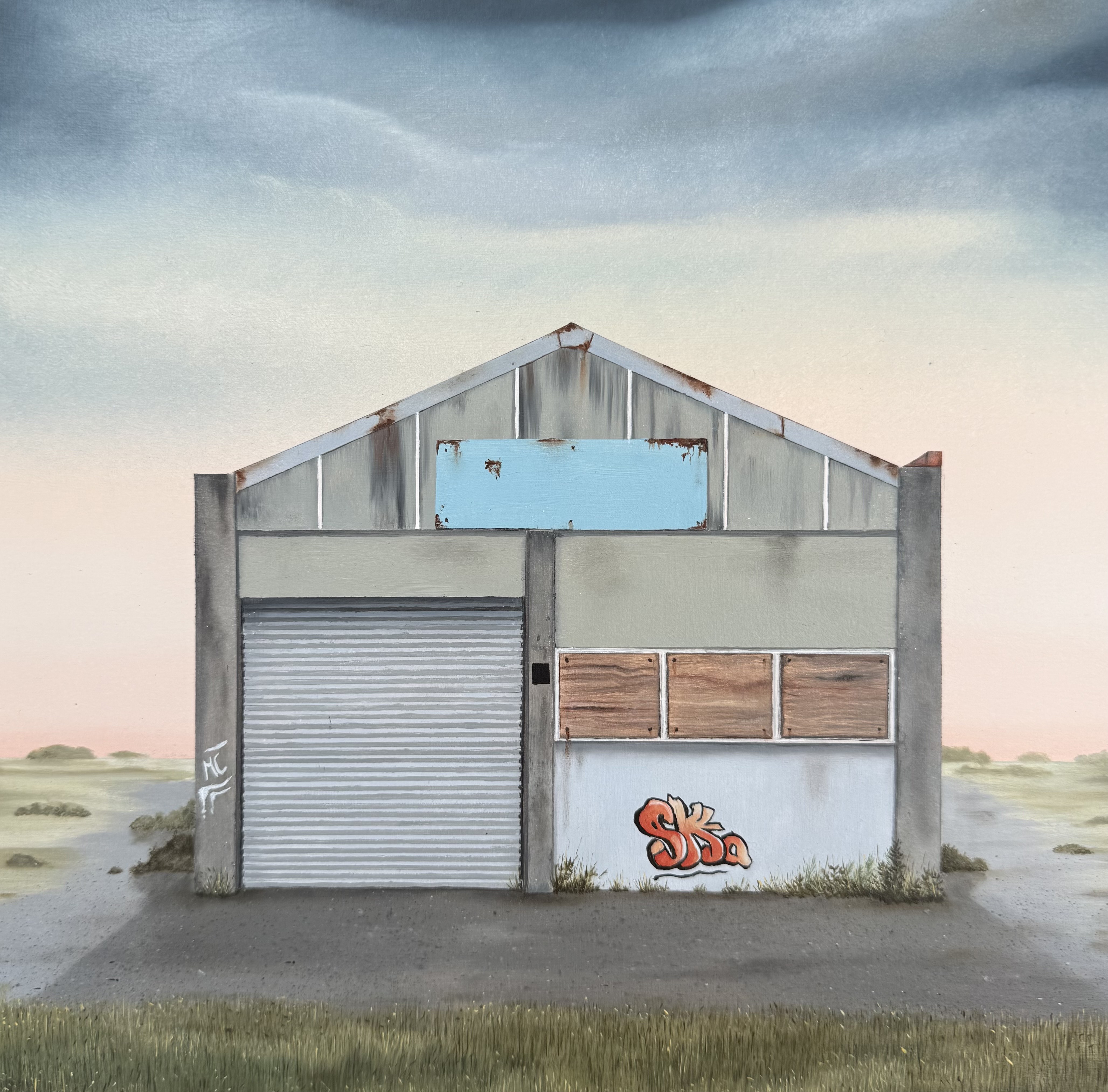 The Lock-Up Oil on cradled wood panel with custom blue/black frame. 32.5cm x 32.5cm (framed size)