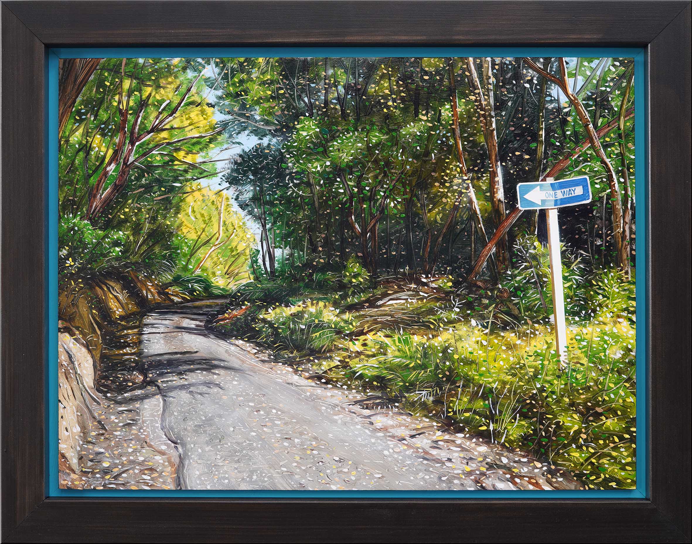 'One Way' oil on panel, framed 63 x 50 cm 