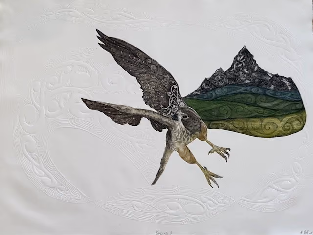 'Karearea' etching on hand-embossed fine art paper (ed of 10) 600 x 800 mm unframed