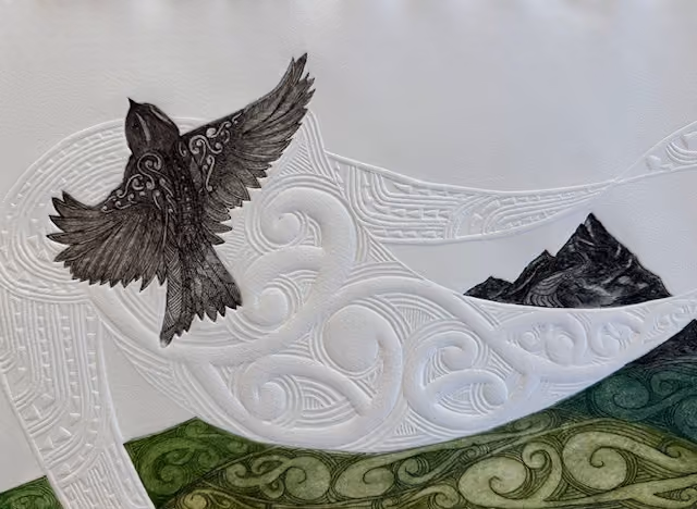 Tena Koutou te ra hou’ (edition 1/10) tells the story of  waking up - refreshed, & ready to greet the new day with enthusiasm and wonder at what the day might bring... the Piwakawaka flits above 'his' whenua.    290 x 400 mm (unframed dimensions) 