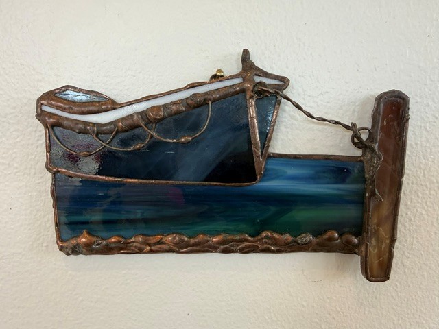 "Blue Dinghy Moored" (layered glass, mixed media wall hanging) 90 x 142 mm