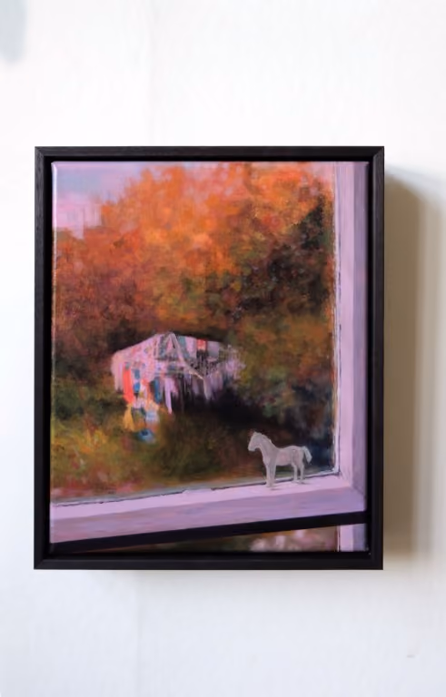  Trinket Horse, 2026 Oil on linen 235 x 300mm plus tray frame  (Framed in a solid Tasmanian oak tray frame with a Danish oil finish)