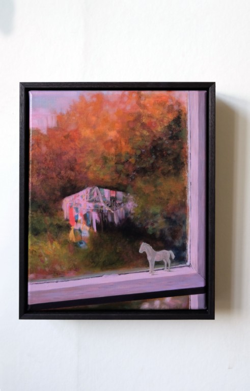  Trinket Horse, 2026 Oil on linen 235 x 300mm plus tray frame  (Framed in a solid Tasmanian oak tray frame with a Danish oil finish)