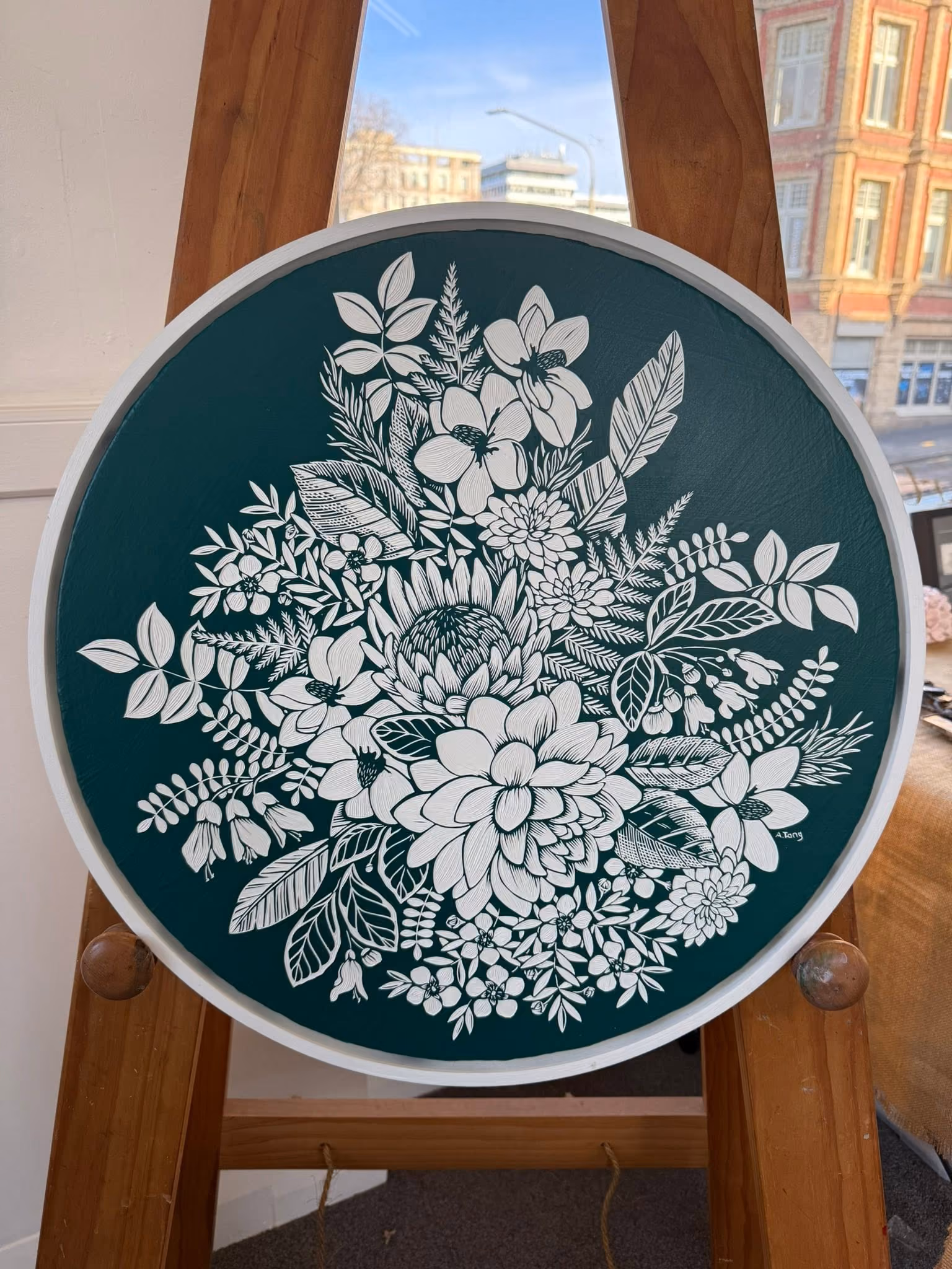 '"Summer Breeze" paint carving, 540 mm d (framed) 