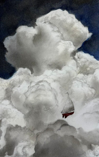 'Cloudscape - Sailing' (oil & charcoal on fine art paper, 190 x 280mm uf)