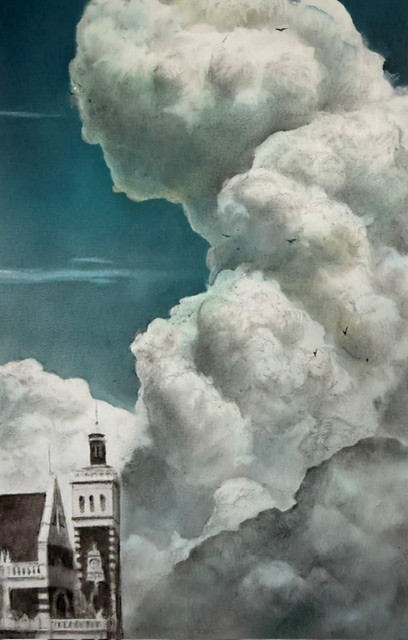 'Cloudscape - Dunedin Railway Station' (oil & charcoal on fine art paper, 190 x 280 mm uf)