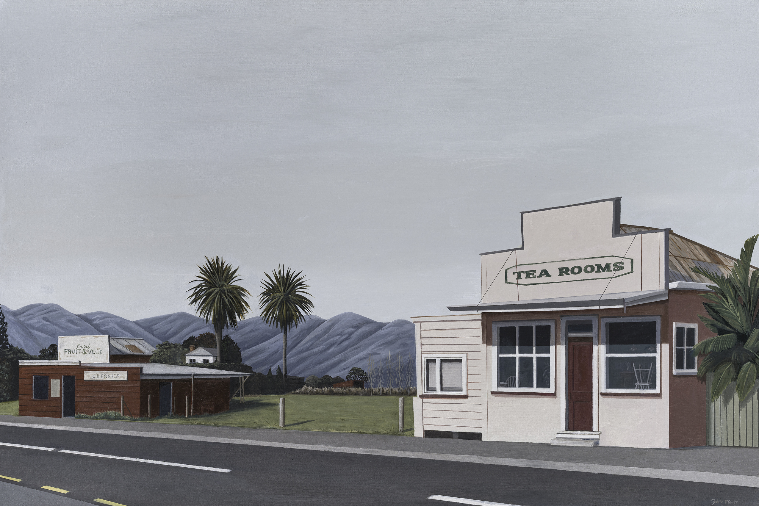 "The Stop", oil on canvas 930 x 630 mm framed in a white tray frame