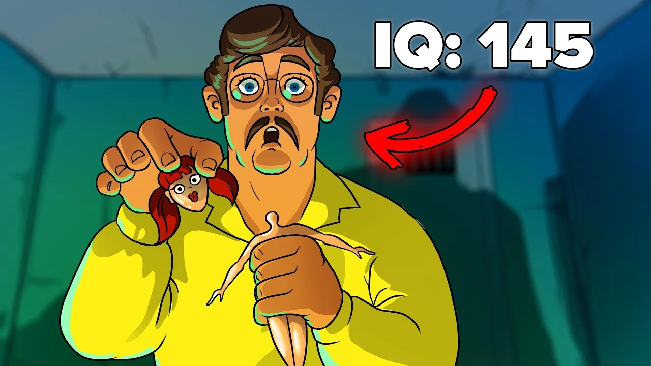 Source: The Infographics Show YouTube thumbnail. Cartoon character with a surprised expression holding a doll, with the text "IQ: 145" and a red arrow pointing to the character