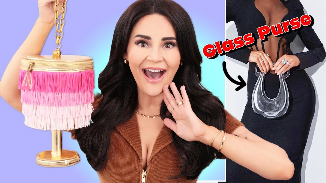 Rosana Pansino's YouTube thumbnail. A woman excitedly holds a pink fringed purse, with an image of a glass purse labeled 'Glass Purse' beside her.