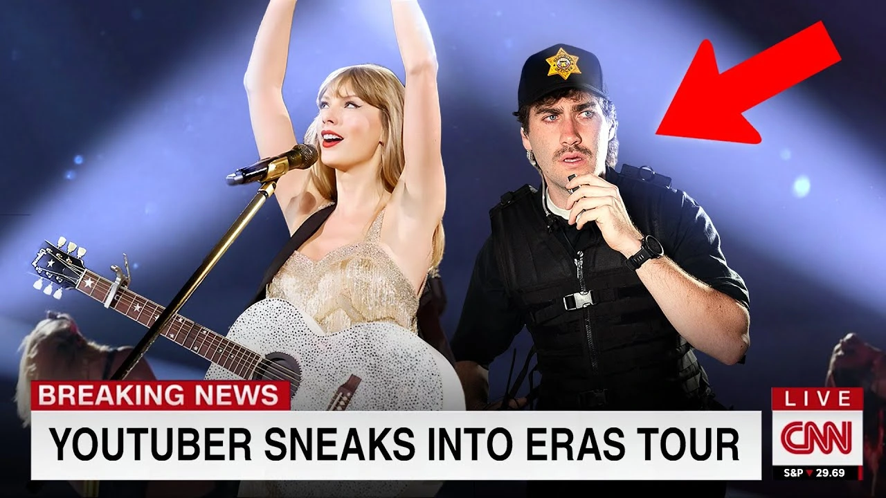 Airrack's YouTube thumbnail.  A news graphic shows a YouTuber disguised as security sneaking into a concert, with a performer on stage and a headline reading 'YOUTUBER SNEAKS INTO ERAS TOUR