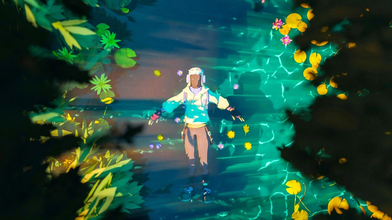 Source:  MrSuicideSheep's YouTube thumbnail. A person wearing headphones stands in a serene, underwater forest surrounded by glowing plants and water lilies.