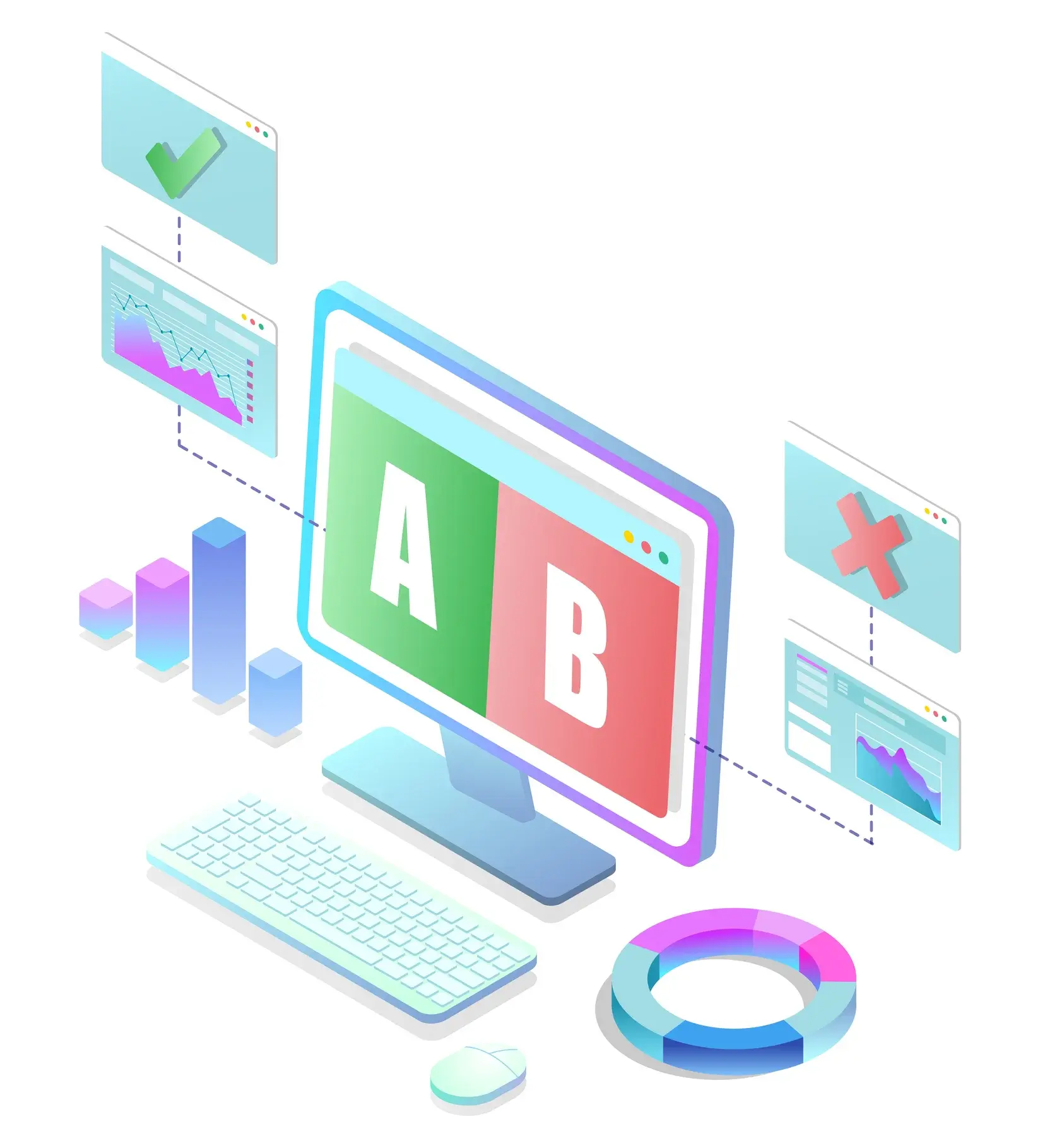 An isometric illustration of a computer with an A/B testing interface, surrounded by charts and graphs.