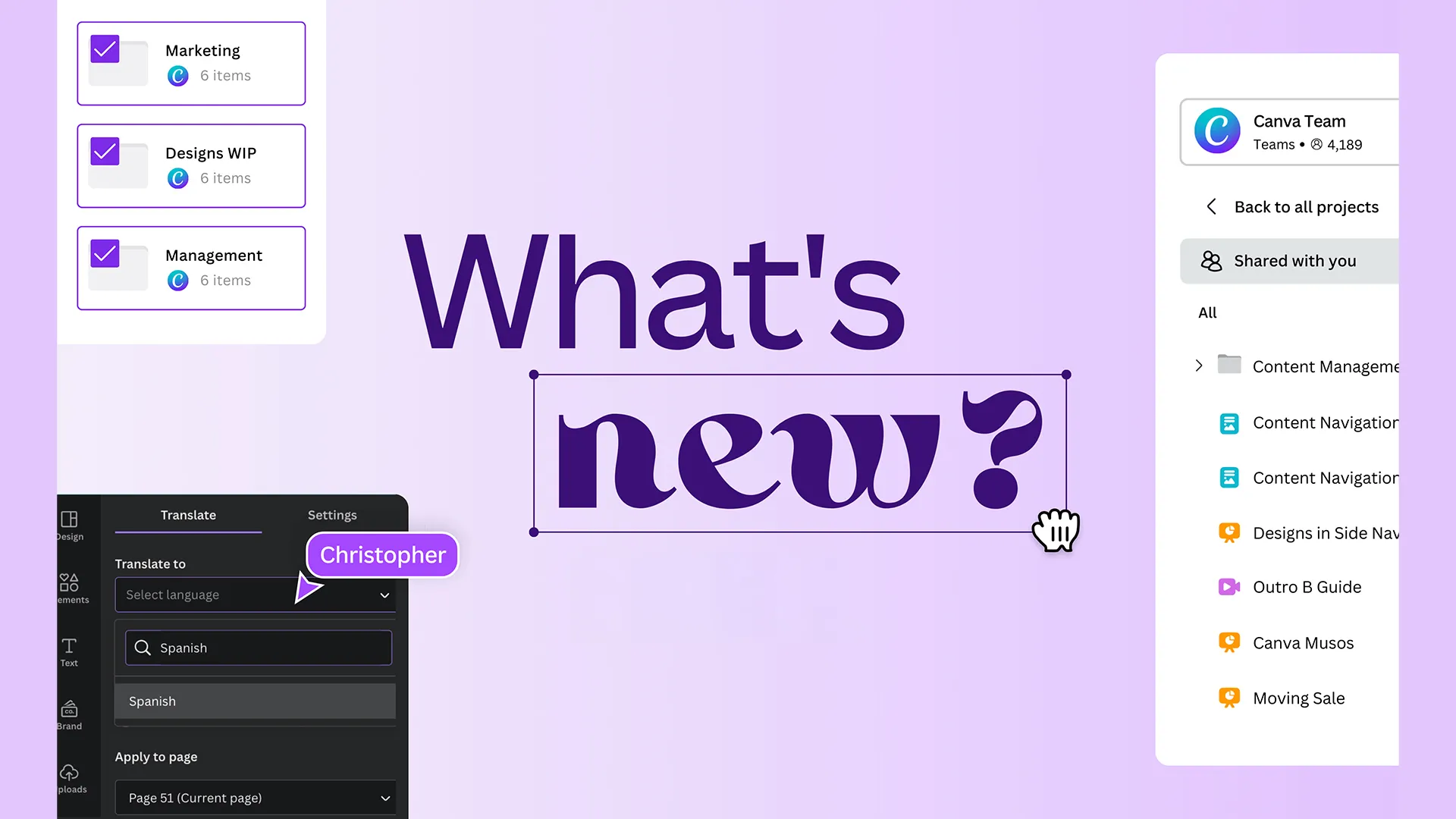 Canva interface showing a user working on a design with the words "What's new?" highlighted.